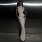 Women Half Turtleneck Sleeveless Dress Solid Color Slim Fishtail Dress Women Summer LaceCH