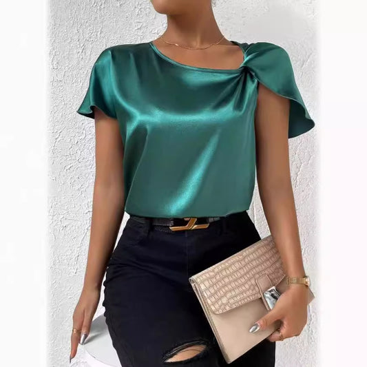 Supply Summer Satin Short Sleeve Satin Twisted Solid Color Loose Fitting Top Women