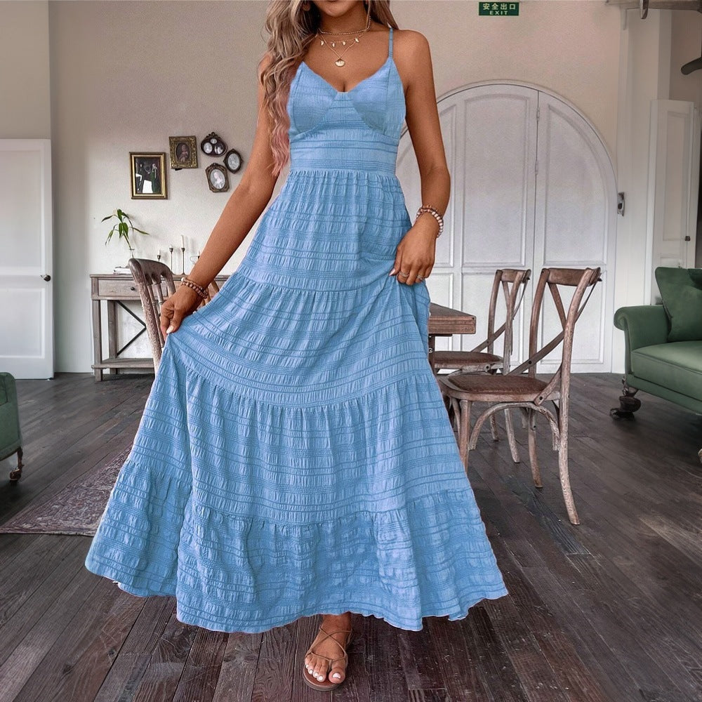 Women Clothing Summer Elegant Solid Color Sling Large Swing Dress Yiskiss