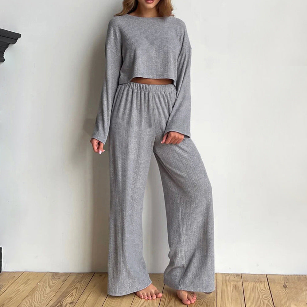 Gray Long Sleeve Trousers Pajamas Set Winter Wheat Jacquard Home Wear for Women BlueLine