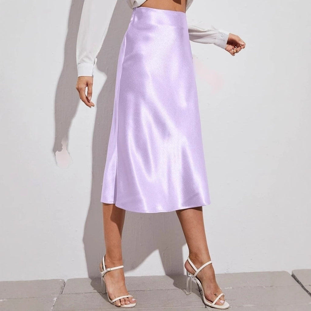 Jupe mi-longue en satin taille haute, automne-hiver, femme, fermeture éclair.