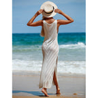 Travel Vacation Sexy Backless V neck Solid Color Breathable Knitted Maxi Dress Beach Sun Protection Blouse Crochet hook Tidee