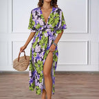 Summer Floral Print Maxi Dress Elastic Band Waist Tight Big V neck Short Sleeve Dress for Women XINXI