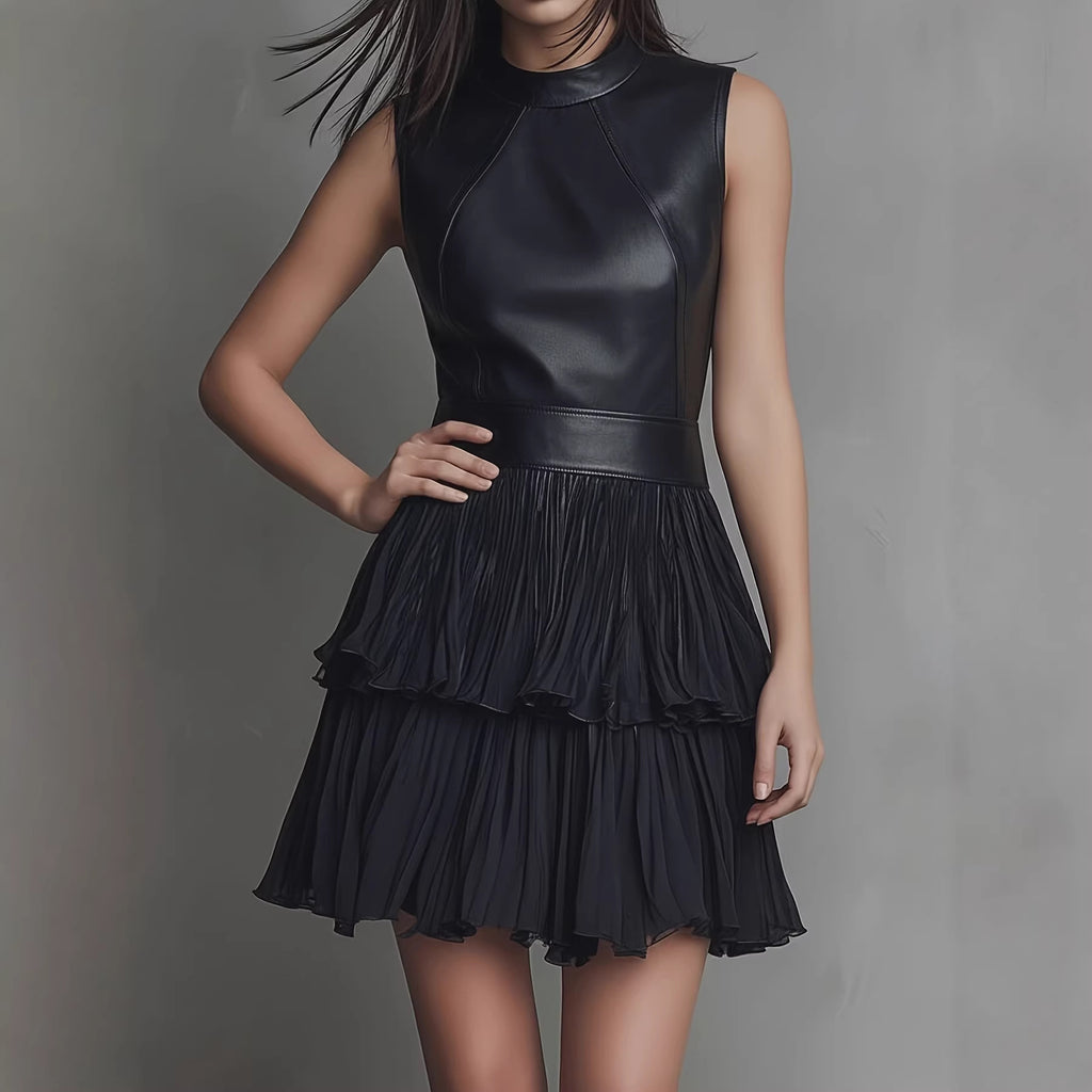 Dress Sexy Sleeveless Faux Leather Stitching Dress Elegant Double Layer Pleated Ruffled Dress Venly