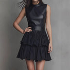 Dress Sexy Sleeveless Faux Leather Stitching Dress Elegant Double Layer Pleated Ruffled Dress Venly