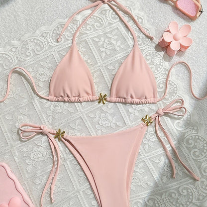 Bikini sexy de color liso con espalda descubierta para mujer para playa de verano
