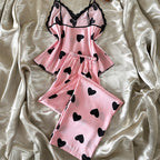 Ice Silk Pajamas Sexy Breathable Heart Printing Thin Pajamas Comfortable Strap Pajamas Pajama Pants Two Piece Sets Danilin
