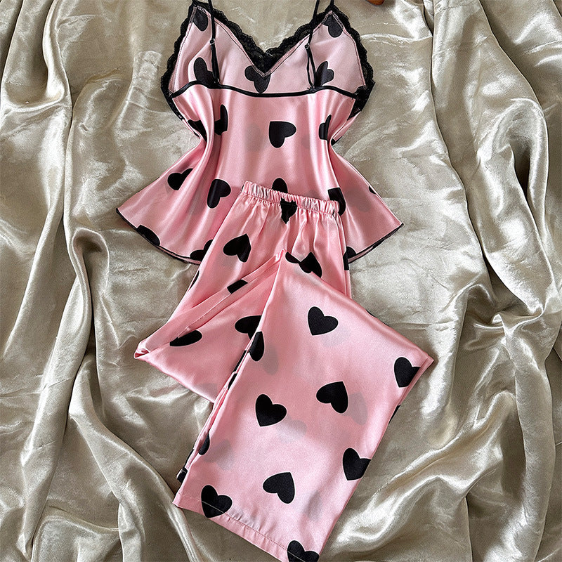 Ice Silk Pajamas Sexy Breathable Heart Printing Thin Pajamas Comfortable Strap Pajamas Pajama Pants Two Piece Sets Danilin
