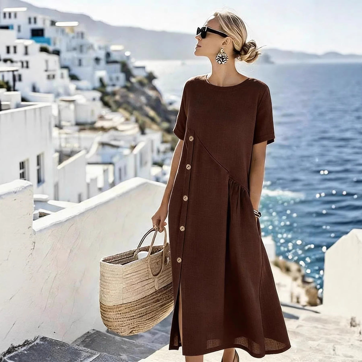 Casual Fastener Decoration Fold Pocket Mid Length Dress NICE
