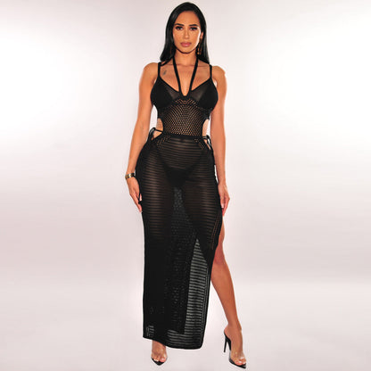 Sexy Women Clothing Ladies Halter Cropped Outfit Spaghetti Straps Knitted Dress Backless Beach Knitted Dress