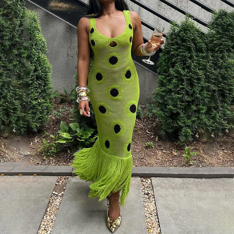 Autumn Sexy Hip Knitwear Dress Black Polka Dot Dress Swing Tassel Dress