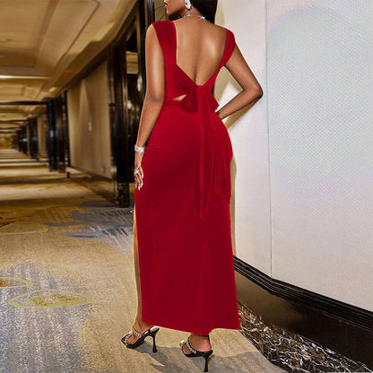 Velvet Party Sexy Elegant Square Collar Lace up Backless Waist Trimming Sheath Dress
