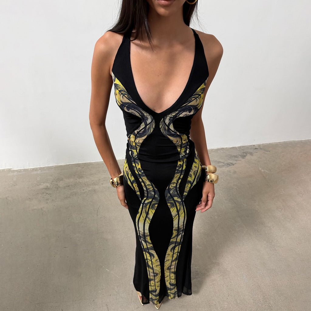 Women Clothing Sexy Slim Fit Fishtail Dress Deep V Plunge neck Sleeveless Hollow Out Cutout Shoulder Strap Dress Dores