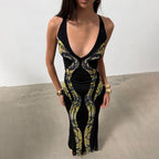 Women Clothing Sexy Slim Fit Fishtail Dress Deep V Plunge neck Sleeveless Hollow Out Cutout Shoulder Strap Dress Dores