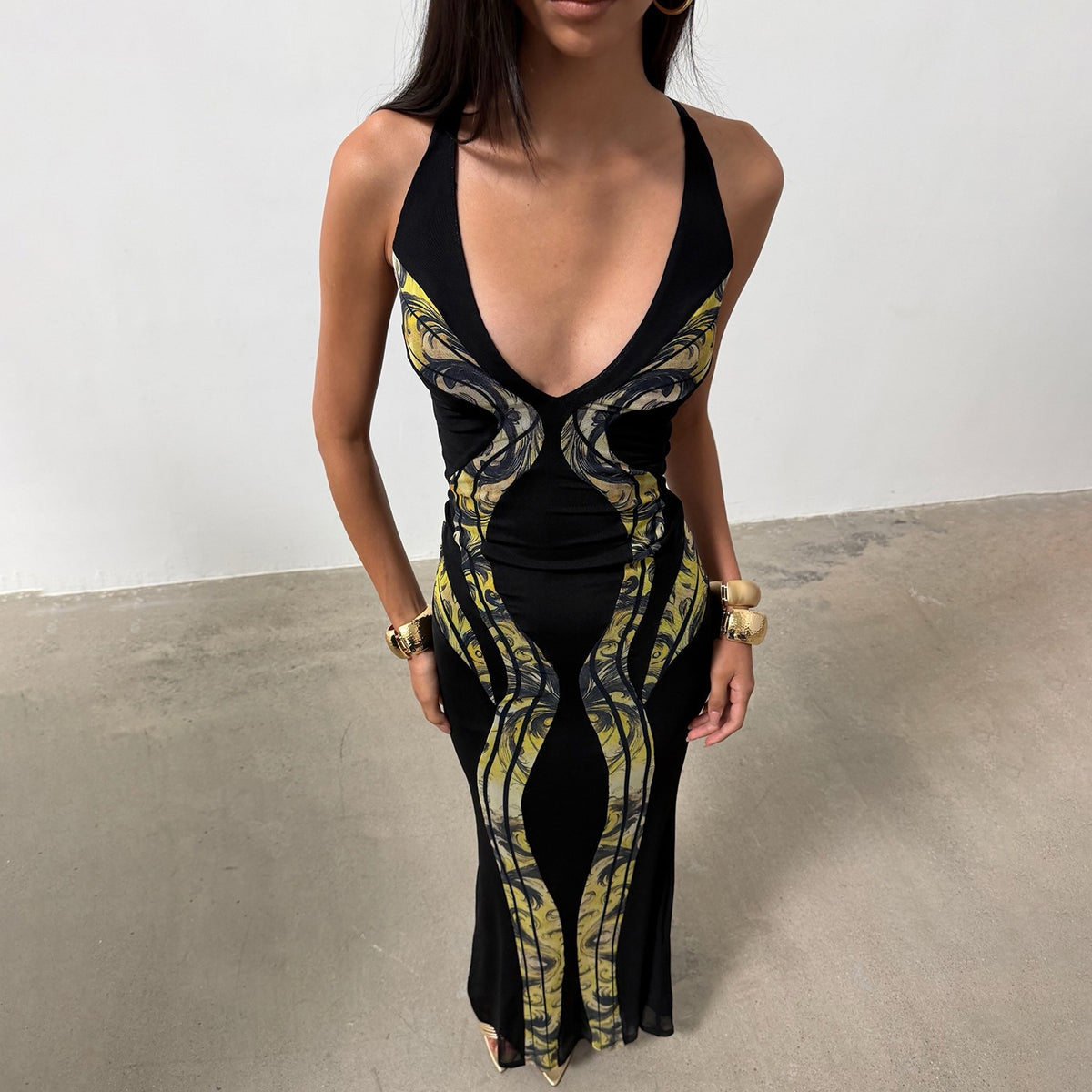 Women Clothing Sexy Slim Fit Fishtail Dress Deep V Plunge neck Sleeveless Hollow Out Cutout Shoulder Strap Dress Dores