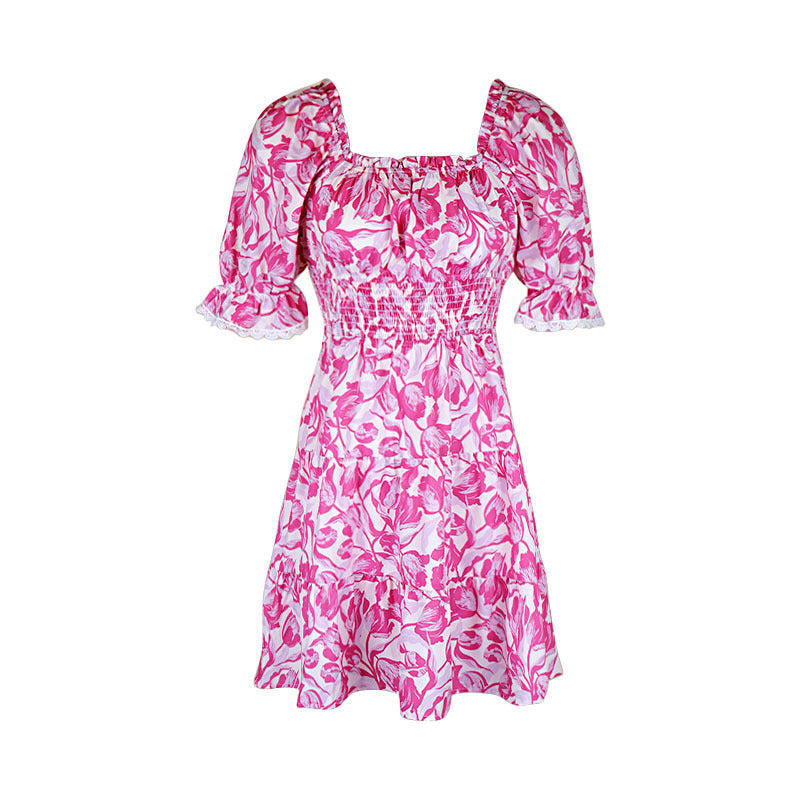 Summer A Line Puff Sleeve Women Short Sleeve Lace up Smocking Dress Jeme