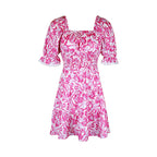 Summer A Line Puff Sleeve Women Short Sleeve Lace up Smocking Dress Jeme