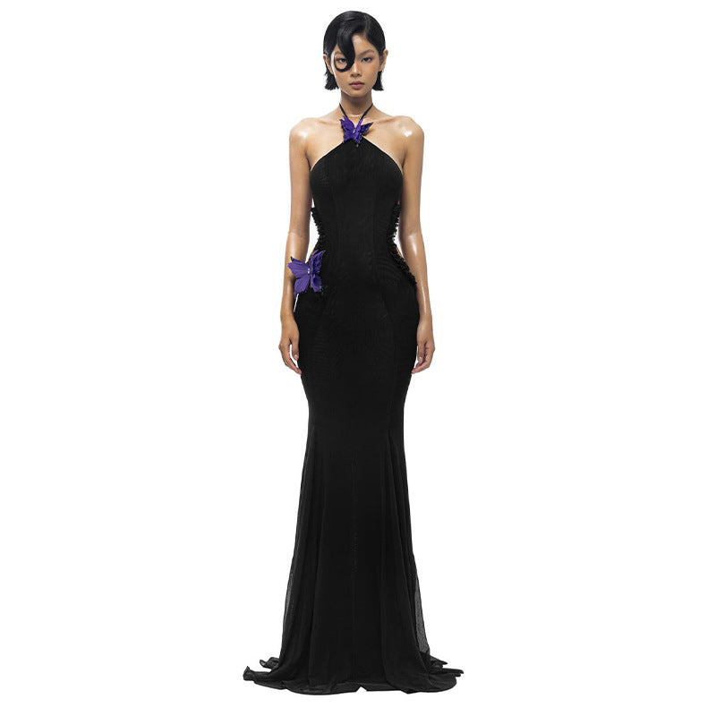 Vestido de fiesta ajustado con cuello halter y decoración de mariposas con hombros descubiertos sexy de otoño para mujer