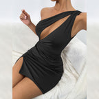 Summer Split Sleeveless Women Hip Sexy Hollow Out Cutout Diagonal Collar Dress Zaya
