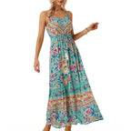 Women Bohemian Strap Dress Printed Vacation Beach Dress Cloth Porch