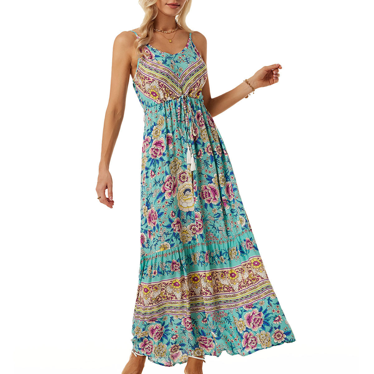 Women Bohemian Strap Dress Printed Vacation Beach Dress Cloth Porch