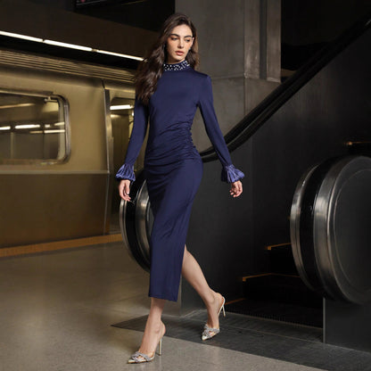 Women Clothing Arrival Slim Pearl Stand Collar Long Sleeve Dress Women Party Dress