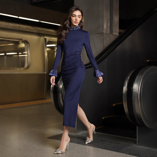 Women Clothing Arrival Slim Pearl Stand Collar Long Sleeve Dress Women Party Dress