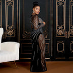 Robe longue sexy en maille transparente avec coutures en velours pour femme