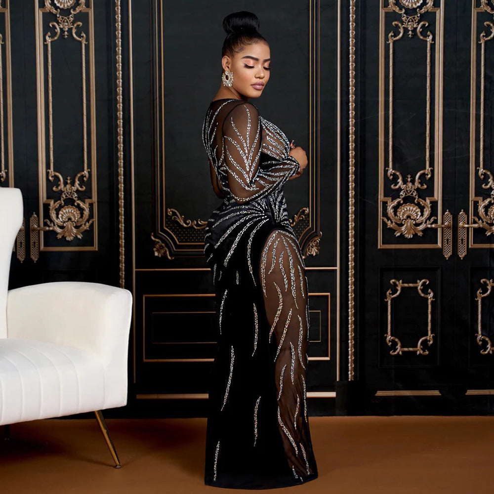 Vestido largo sexy de terciopelo con costuras de malla transparente para fiesta de noche para mujer