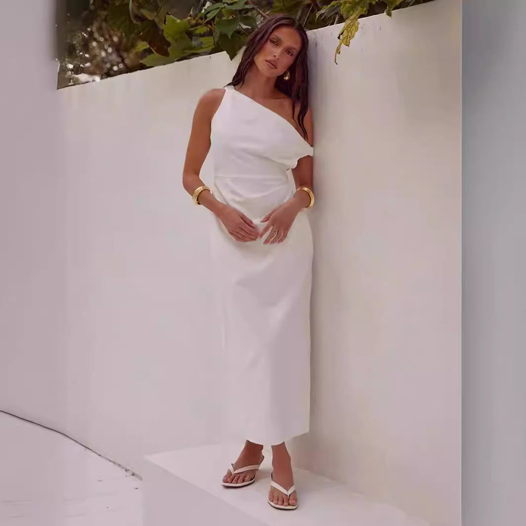 Spring Summer Solid Color Sloping Shoulder off the Shoulder Sexy Mid Length to Maxi Dress XUYUN