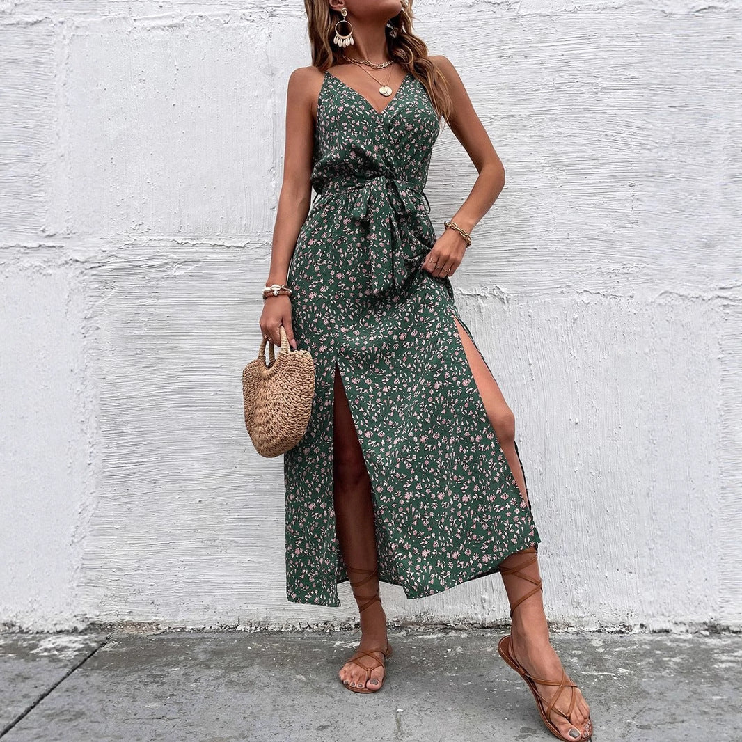 Women Clothes Summer Bohemian Strap Dress Printed Long Slit Maxi Dress