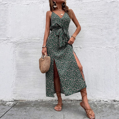Women Clothes Summer Bohemian Strap Dress Printed Long Slit Maxi Dress