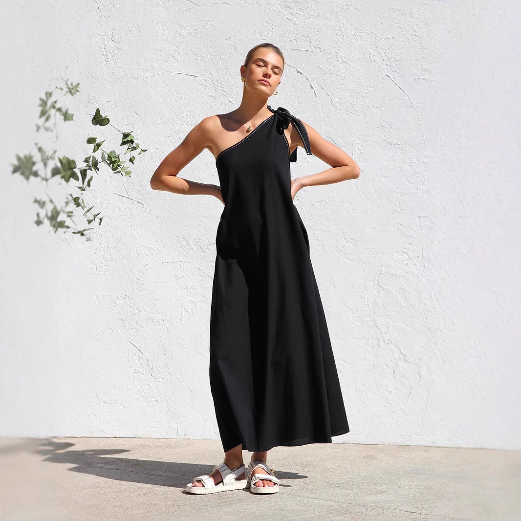 Summer Sloping Shoulder Dress Internet Celebrity Same Lace up Elegant Shoulder Dress Zemy