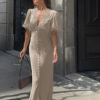 Lace Stitching Elegant Dress Summer Women Clothing V neck Puff Sleeve Single Breasted Sheath Dress Kigali
