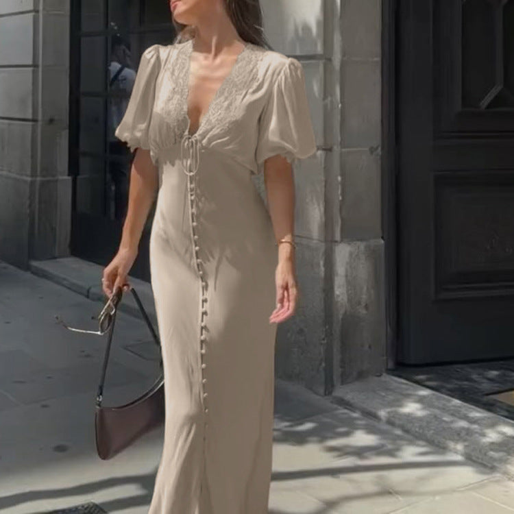 Lace Stitching Elegant Dress Summer Women Clothing V neck Puff Sleeve Single Breasted Sheath Dress Kigali