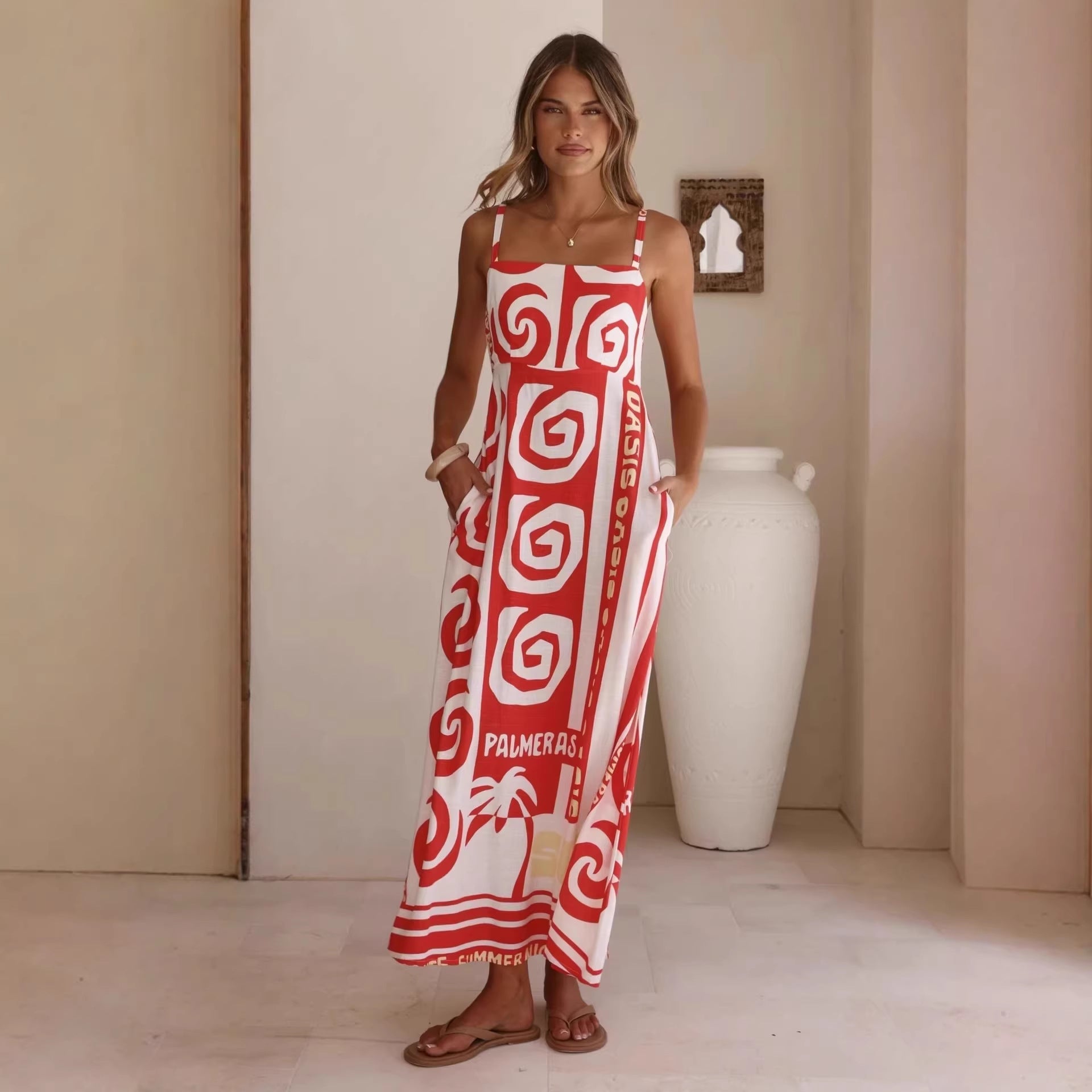 Summer Geometric Abstract Print Vacation Large Swing Cami Dress Women Dress Zemy