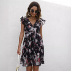 Summer Women Clothing V neck Waist Controlled Lace up Printing Dress NEWMELANCE