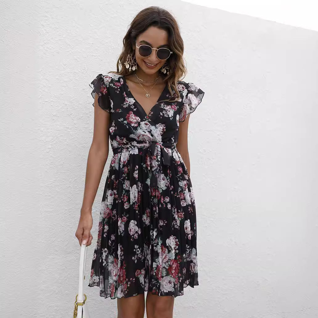 Summer Women Clothing V neck Waist Controlled Lace up Printing Dress NEWMELANCE