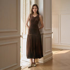 Women Clothing Autumn Solid Color Pleated Dress Sleeveless Slimming Velvet Dress Rogan