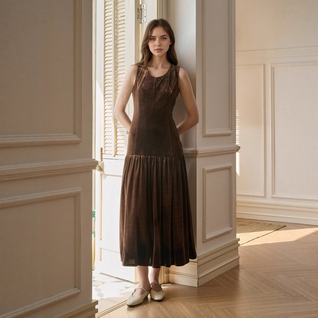 Women Clothing Autumn Solid Color Pleated Dress Sleeveless Slimming Velvet Dress Rogan