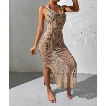 Vacation Beach Blouse Hollow Out Cutout Backless Knitted Dress Women Split Crochet hook