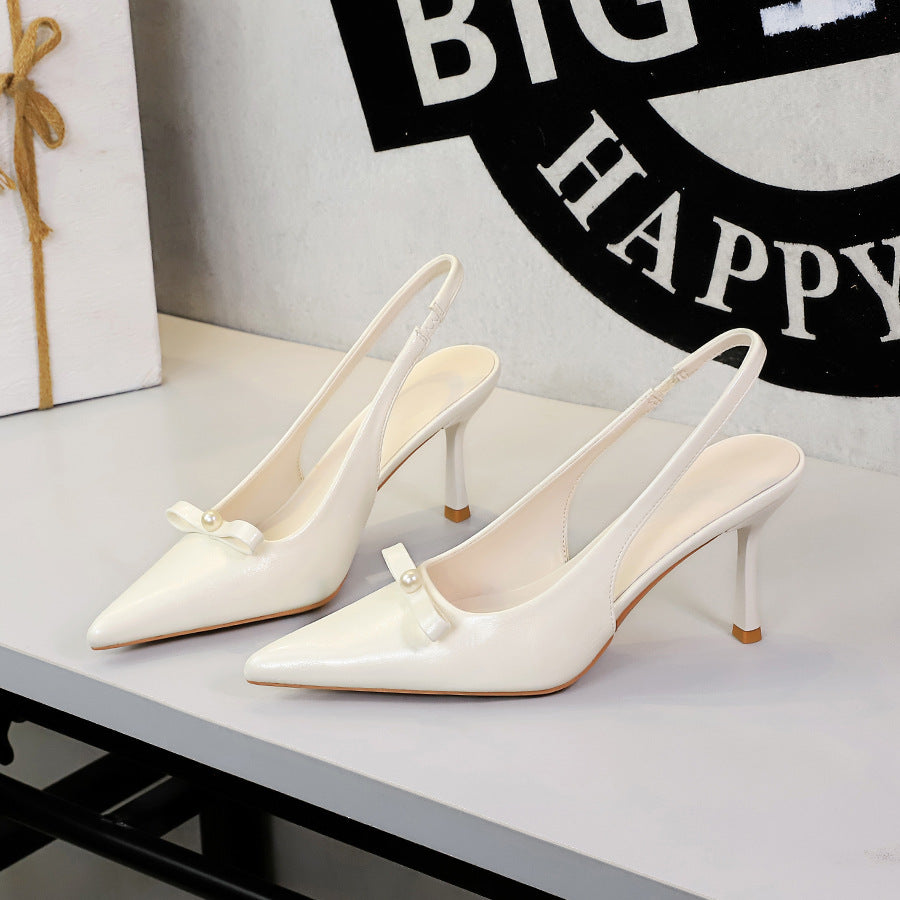 Fashionable Back Empty Back Strap Women Shoes Pointed Toe Low Cut Bowknot Patent Leather Hollow Out Cutout Stiletto Heel ForestFootwear