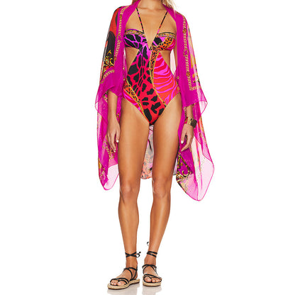 Conjunto de bikini de una pieza con estampado floral y malla estampada para mujer