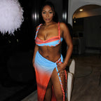 Summer Sexy Beach Vacation Swimsuit Woven Halter Top Top Split Skirt Set
