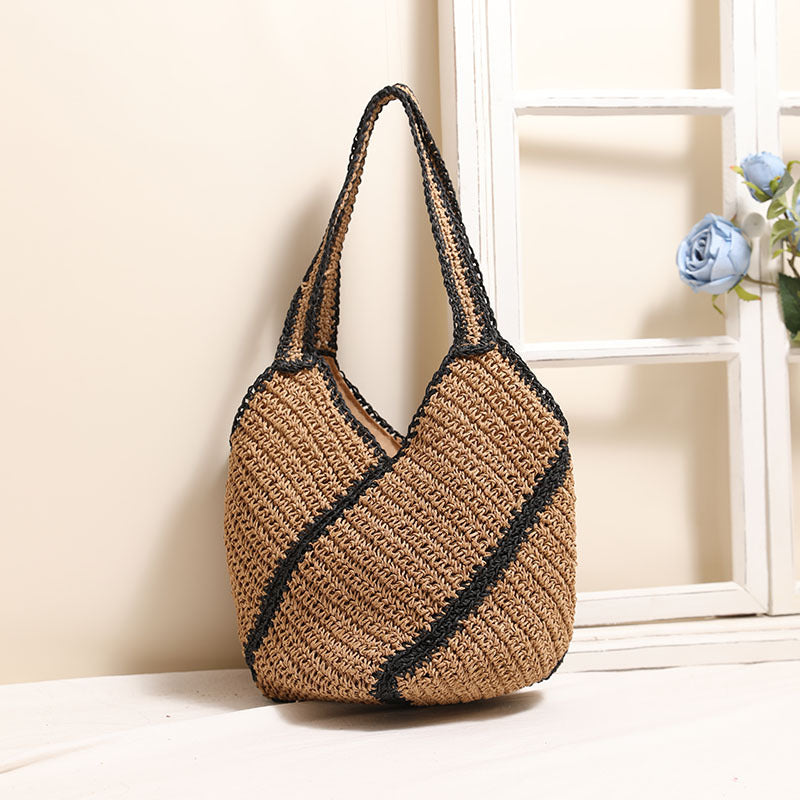 Bolso de paja con diseño geométrico abstracto de nicho para hombro, bolso de paja de gran capacidad con contraste de colores, bolso tejido para vacaciones en la playa. 