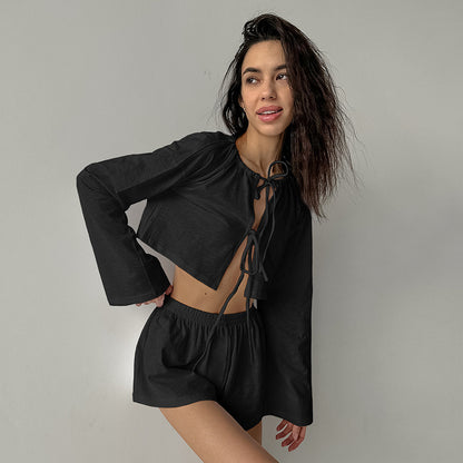 Cárdigan de algodón puro blanco de primavera con cordones para mujer, ropa de casa informal de manga larga, pantalones cortos, pijama, conjunto de dos piezas