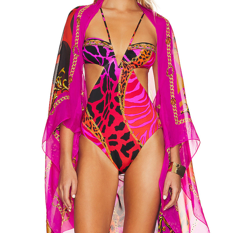 Conjunto de bikini de una pieza con estampado floral y malla estampada para mujer