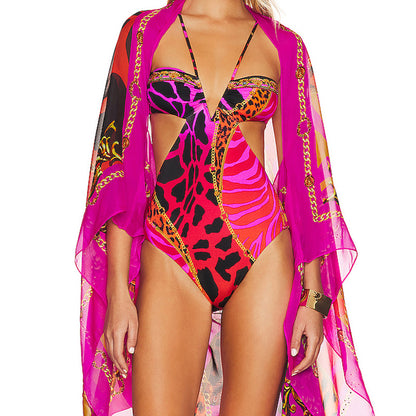 Conjunto de bikini de una pieza con estampado floral y malla estampada para mujer