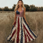 Retro Flag Printed V neck Sling Independence Day Vacation Dress AIYOYA