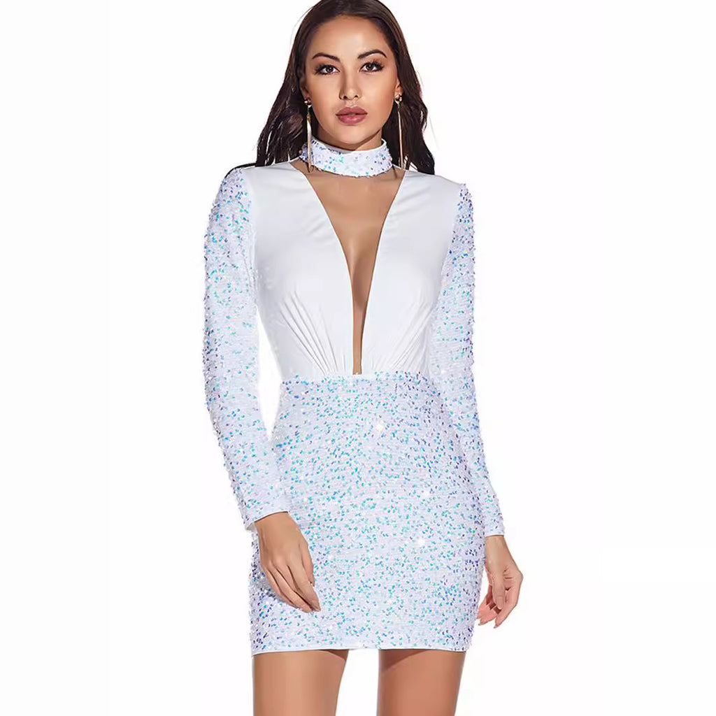Robe sexy rétro à manches longues à sequins pour femme